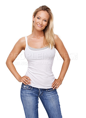 Buy stock photo Happy, studio portrait and woman with fashion, casual style and relax in trendy, jeans and clothes. Smile, confident and fashionable female model outfit isolated on white background in tank top