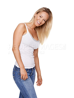 Buy stock photo Happy, casual portrait and woman with fashion, style and relax in trendy, jeans and clothes in studio. Smile, confident and fashionable female model outfit isolated on white background in tank top