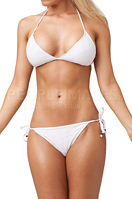 Buy stock photo Bikini, stomach and body of woman in studio for lose weight, wellness and diet. Swimwear mockup, fitness and isolated person in summer style for vacation, holiday and health on white background