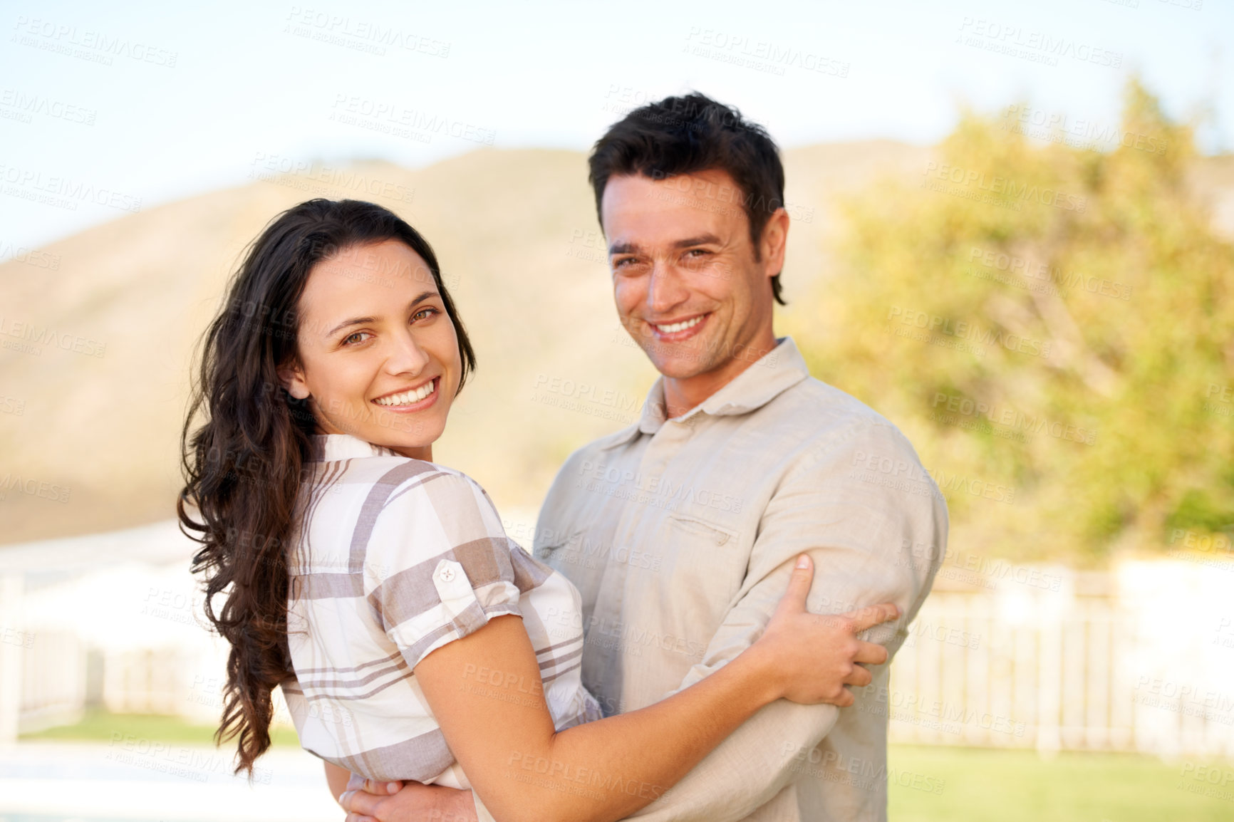 Buy stock photo Couple, happy and portrait with hug and garden with joy, smiling and young people. Marriage, outdoor and love for commitment, bonding together and care for romantic relationship, man and woman