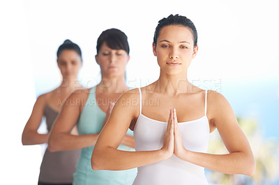 Buy stock photo Peace, meditation and young woman with zen and yoga exercise outdoor with a pilates instructor. Spiritual, namaste and wellness of training, workout and fitness group feeling calm from meditating