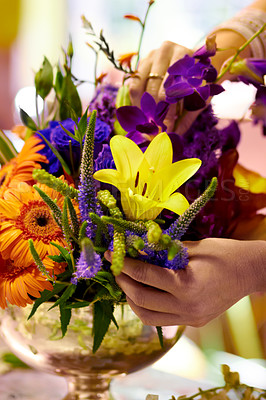 Buy stock photo Closeup shot of a florist's hands arranging a colourful bouqet