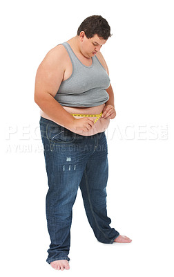 Buy stock photo Obesity, measuring tape on abdomen and man checking diet, stomach size and body health isolated on white background. Healthcare, measure stomach for weight loss progress and male on studio backdrop.