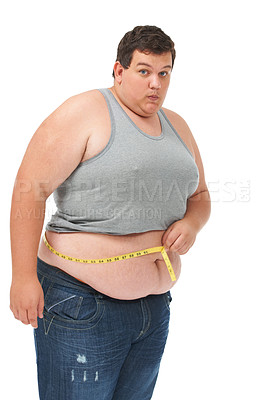 Buy stock photo Obesity, measuring tape on waist and portrait man checking diet, size and body health isolated on white background. Real male, surprise and measure stomach for weight loss progress on studio backdrop