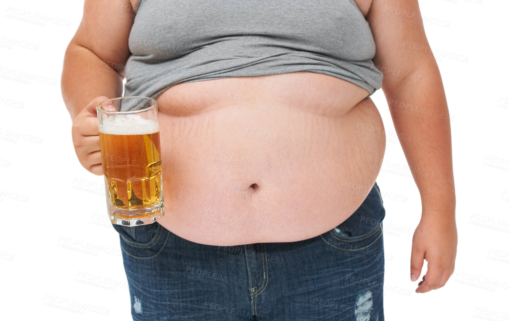 Buy stock photo Beer, weight gain drink and plus size stomach in a studio with alcohol problem with gut health issue. Heavy, overweight and drinking carbs with unhealthy body and alcoholic with high calories