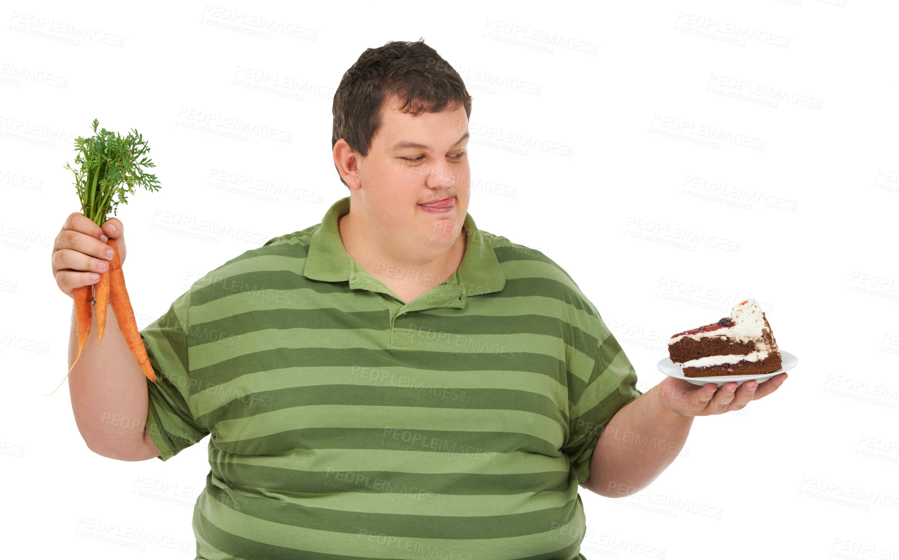 Buy stock photo Plus size, hungry decision and man with carrot and dessert choice thinking about food. Male model, studio and white background with healthy and cake order with weight loss and nutrition balance idea