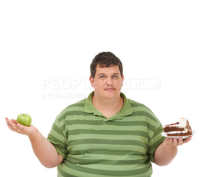 Buy stock photo Plus size, diet decision and man portrait with a apple and cake choice thinking about balance. Male model, studio and white background with healthy and dessert with weight loss and nutrition mockup