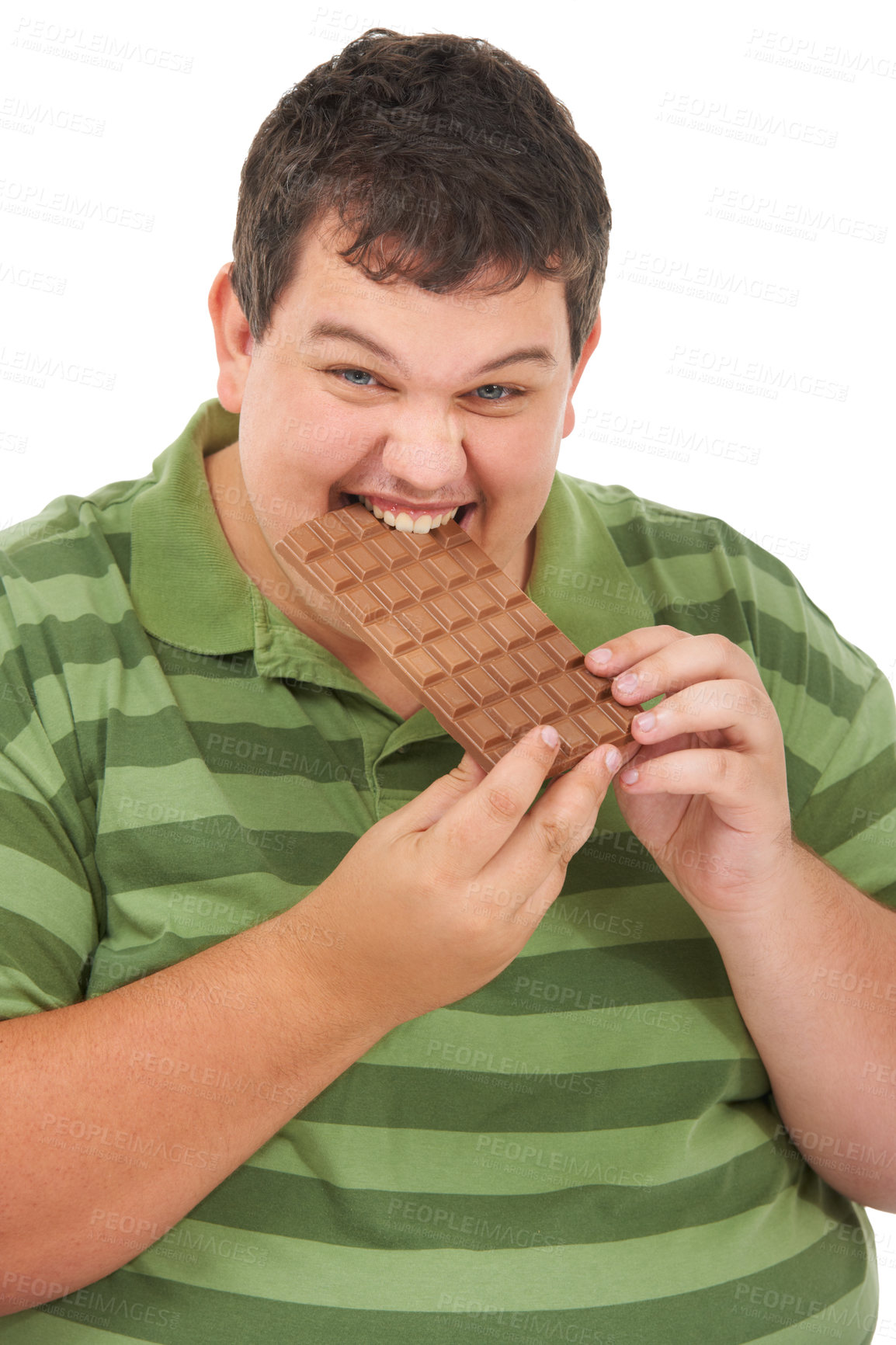Buy stock photo Plus sized, chocolate and portrait of happy man with eating unhealthy diet, smile and isolated on white background. Nutrition, weight loss and food addiction, face of male model with candy in studio.
