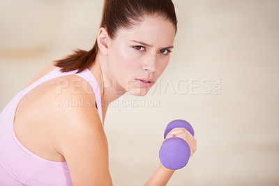 Buy stock photo Woman, portrait and dumbbell gym exercise for routine, active performance for strength practice. Female person, face and weights for health wellness or challenge muscle, strong or workout training
