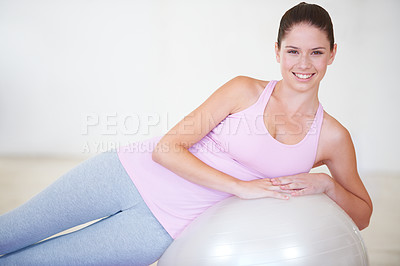 Buy stock photo Woman, portrait and exercise for ball balance or fitness, routine for stretching. Female person, face and gym workout equipment for wellness health or performance practice, training for sport strong