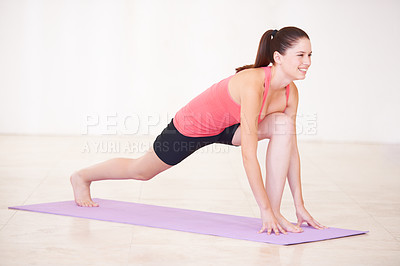 Buy stock photo Yoga mat, smile and woman with exercise, stretching and workout on white studio background. Studio, person and girl with training for health, wellness or progress with weight loss, peace or happiness