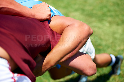 Buy stock photo Rugby, scrum and men with fitness, closeup and match with energy, competition and training. Zoom, professional players or athletes with motion, motion or exercise with practice, tackle or performance