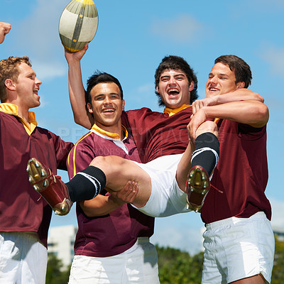 Buy stock photo Rugby, success and teamwork with winner and people on field for celebration, sports and challenge. Training, happy and achievement with group of men for support, collaboration and competition