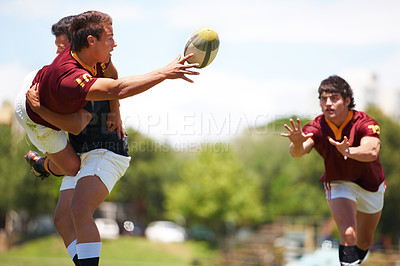 Buy stock photo Rugby game, men and tackle during sport practice on a green field outdoors for fitness. Exercise, athlete and male people with teamwork and professional player with a workout in uniform