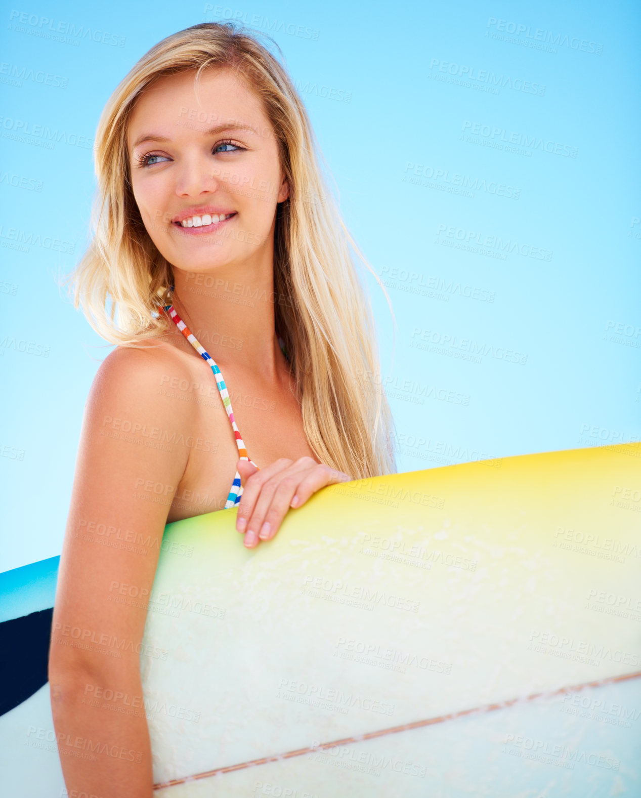 Buy stock photo Surf, board and woman at beach thinking about summer, vacation and holiday mock up space. Happy, face and person outdoor in sunshine on blue background with confidence and a smile for watersports