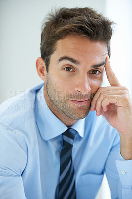 Buy stock photo Businessman, portrait or thinking in office for career, professional and employee at corporate job. Entrepreneur, face and person or thoughtful with calm expression, confidence or pride at workplace 