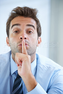Buy stock photo Portrait, business and man with finger on the lips, secret and gossip with mystery, privacy and employee. Face, person and consultant with hand gesture, noise and silent with professional and emoji
