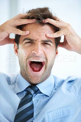 Buy stock photo Portrait, screaming and business with man, stress and emoji with professional, angry and frustrated in a workplace. Face, person and agent with bad news, fail and burnout with mistake, tax and office
