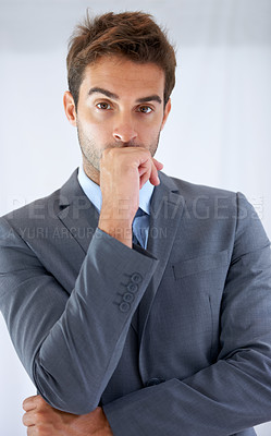 Buy stock photo Thinking, business and man with portrait, doubt and solution with planning, problem solving or worker. Person, agent or consultant with inspiration, decision or choice with startup, confused or emoji