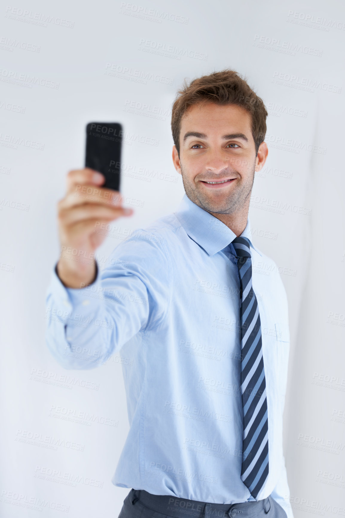Buy stock photo Happy businessman, selfie and social media for photography, memory or online vlog at office. Handsome or attractive man or employee smile for photograph, picture or business fashion at workplace