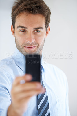 Buy stock photo Businessman, selfie and photography at office for memory, social media or online vlog. Portrait of handsome man, employee or app for photograph, picture or status update in business at workplace