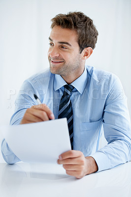Buy stock photo Business man, thinking and writing on paperwork for financial report, audit review and asset management in office. Auditor, accountant or mature person with policy, contract signature or documents