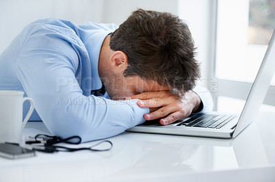 Buy stock photo Businessman, sleeping and tired at work, burnout and exhausted or mental health, desk and overwhelmed. Male person, dreaming and lazy in office, resting and fatigue or low energy, coffee and nap