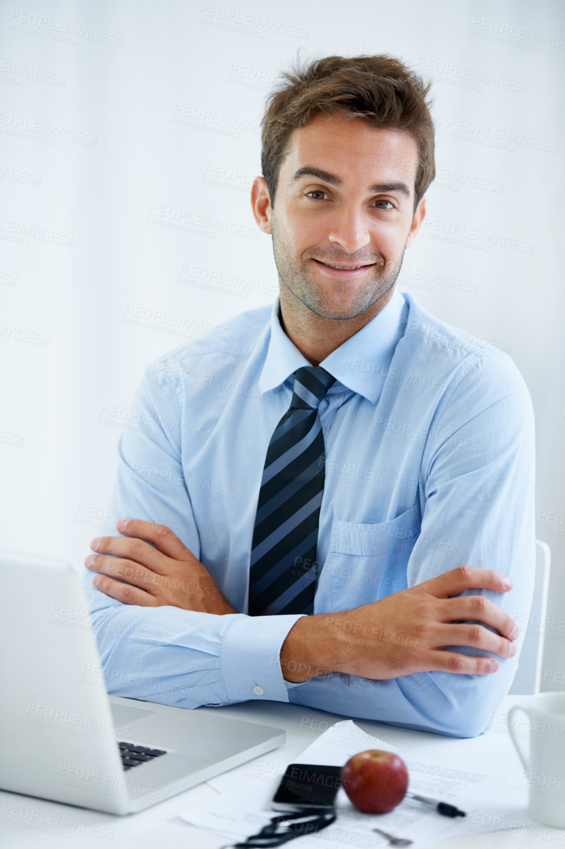Buy stock photo Businessman, confidence and smile in portrait, laptop and internet for connection, networking and email. Male person, strategy and pride in career, happy and technology for online research or face