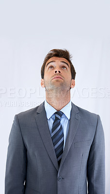 Buy stock photo Thinking, looking up and business man on a white background for options, decision and brainstorming ideas. Corporate, professional career and worker for problem solving, solution and choice in studio