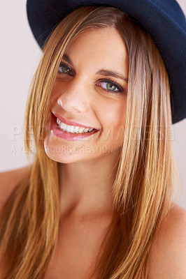 Buy stock photo Hipster, hat and portrait of happy woman with vintage, fashion and confidence in white background or studio. Retro, style and face of person in old fashioned fedora with makeup, cosmetics and beauty