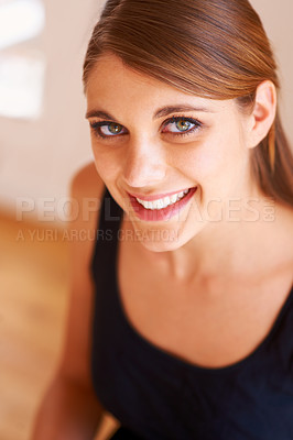 Buy stock photo Smile, relax and portrait of a young woman in her home with a positive attitude and beauty of youth. Closeup of a female person with natural glow and casual style on a floor in a house with happiness