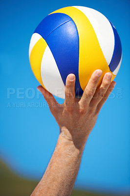 Buy stock photo Beach, hands and sports person with volley ball for outdoor game, competition or tournament challenge. Summer wellness, blue sky and closeup volleyball player for fitness, exercise or active workout