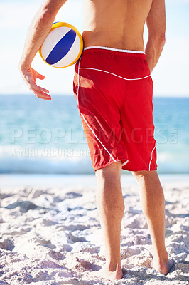 Buy stock photo Beach sand, ocean or sports person with volley ball for outdoor game, competition or looking at water waves. Hands, legs and back of volleyball player fitness, training and watch nature sea view