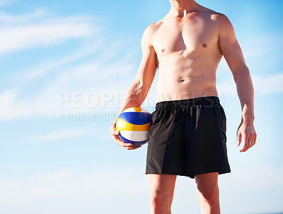 Buy stock photo Beach, blue sky or strong man with volley ball for sports game, competition or outdoor wellness, freedom or fresh air. Mockup space, muscle or volleyball player fitness, training or ready for contest