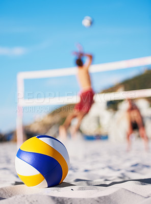 Buy stock photo Beach floor, sand and volleyball for sports game, competition or outdoor nature challenge, practice or fitness. Ground, player workout and volley ball for summer match, exercise or athlete contest