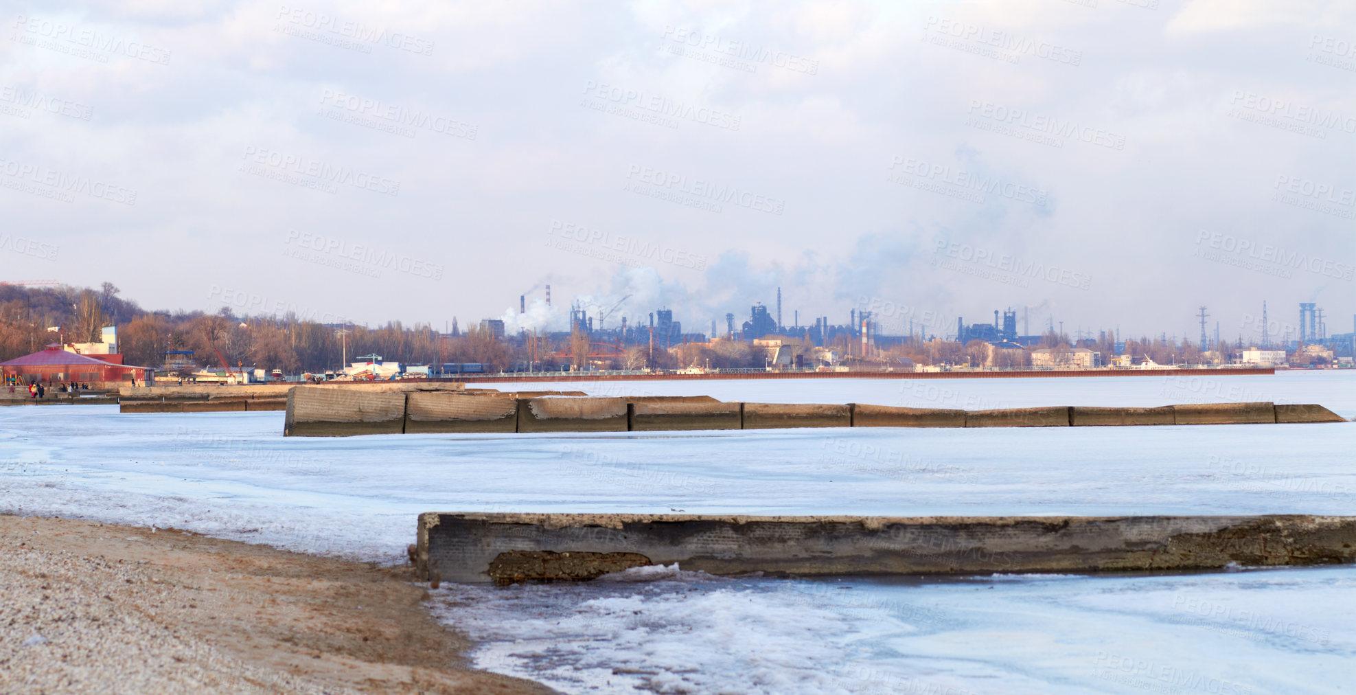 Buy stock photo Shot of air pollution over an industrial area