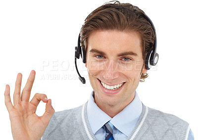 Buy stock photo Call center portrait, business man and ok hand sign of crm consultant showing support and yes. Thank you, success and agreement hands gesture of customer service employee happy with white background
