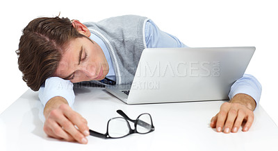 Buy stock photo Tired businessman sleeping with laptop, white background and burnout. Fatigue, lazy and sad worker taking a nap at computer, studio background and frustrated from anxiety, mistake and sick stress 
