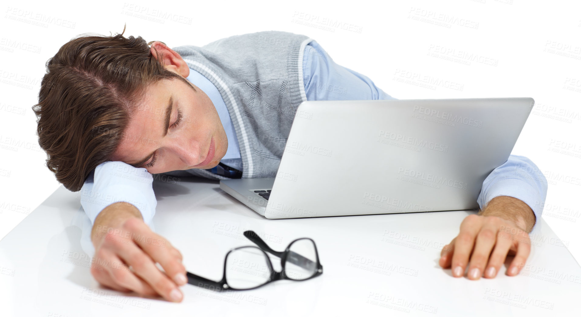 Buy stock photo Tired businessman sleeping with laptop, white background and burnout. Fatigue, lazy and sad worker taking a nap at computer, studio background and frustrated from anxiety, mistake and sick stress 