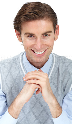 Buy stock photo Happy, smile and portrait of a man in studio with luxury, stylish and fancy business outfit. Happiness, natural and male model with corporate, elegant and classy clothes isolated by white background.