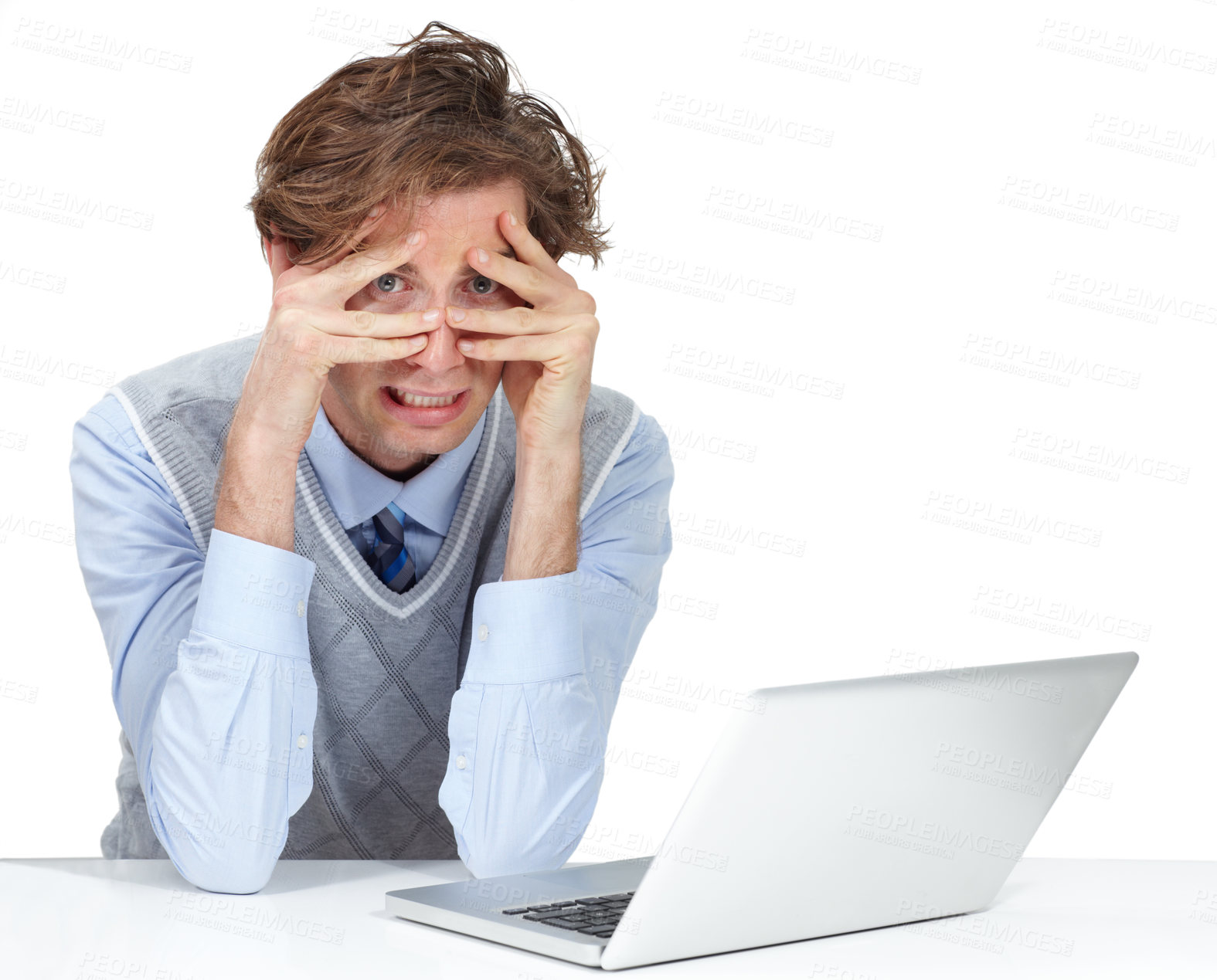 Buy stock photo Anxiety, scared and portrait of a businessman with a laptop reading an email, stress and frustrated. Burnout, worried and professional employee concerned about news on a computer on white background