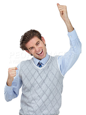Buy stock photo Winner, success celebration and business man in studio isolated on a white background. Face, portrait and happy male entrepreneur celebrating victory, lottery or goal achievement, targets or winning
