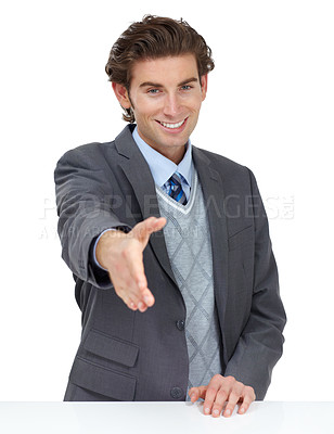 Buy stock photo Face, business man and handshake in studio isolated on a white background. Portrait, greeting and male entrepreneur shaking hands for deal, agreement or contract, onboarding or welcome introduction.