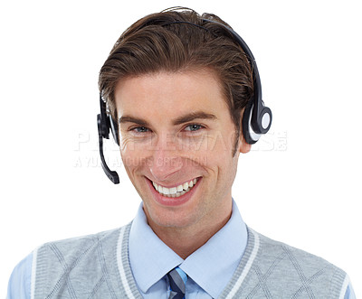 Buy stock photo Portrait, call center and man in studio with smile for customer services, support and sales career. Face of telemarketing agent, consultant or salesman employee, excellence in communication or advice