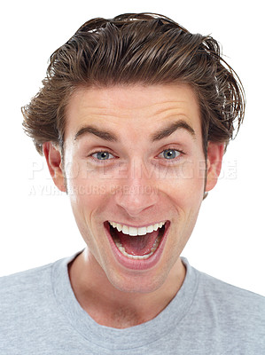 Buy stock photo Excited, face and man portrait in a studio with happiness from deal and announcement with smile. Isolated, white background and male person face shouting from good news, winning and surprise