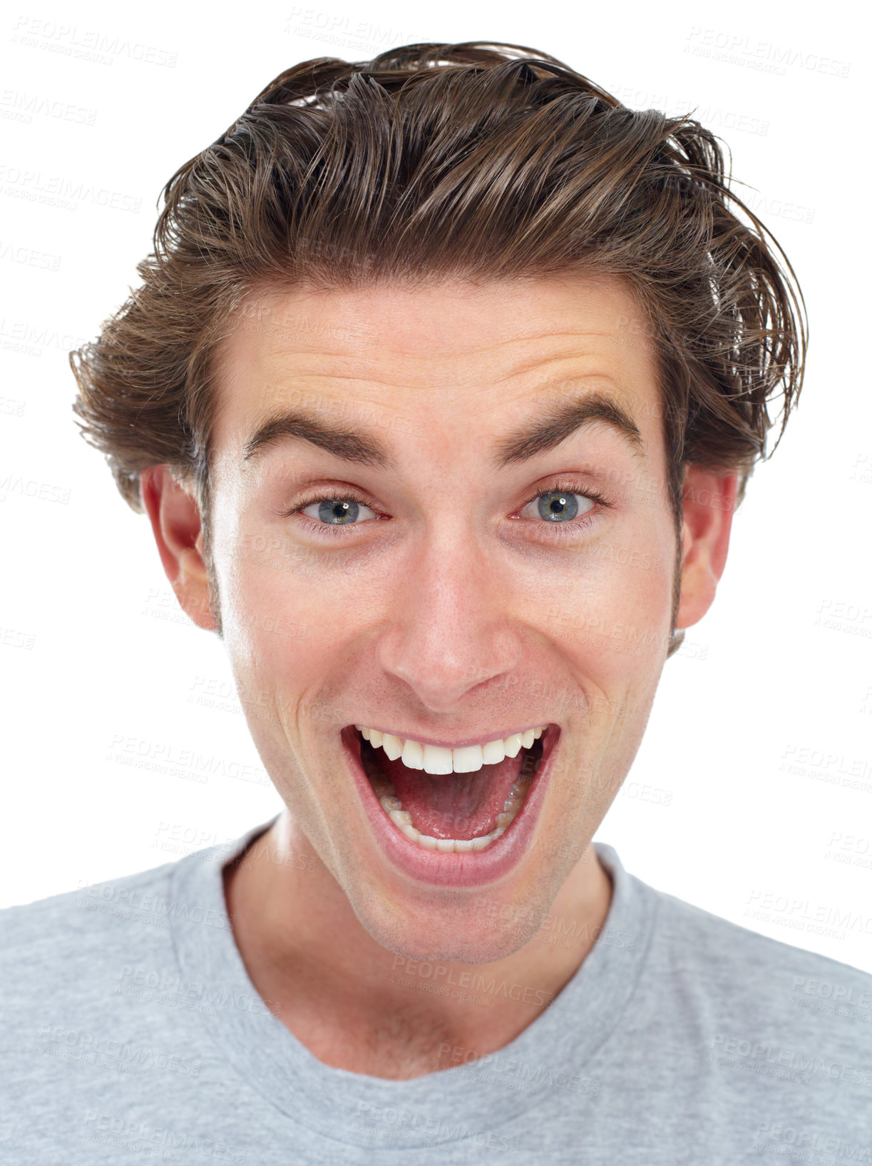 Buy stock photo Excited, face and man portrait in a studio with happiness from deal and announcement with smile. Isolated, white background and male person face shouting from good news, winning and surprise