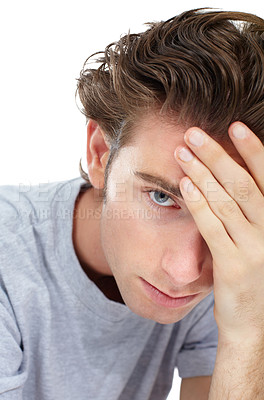 Buy stock photo Portrait, depression and man with stress, anxiety and human isolated against a white studio background. Face, male person and guy with sadness, depression and mental health issue with frustration