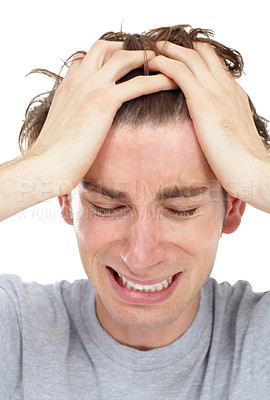 Buy stock photo Man, frustrated crying and loss in studio for mental health problem, depression or pain by white background. Male model, sad student or anxiety with tears, depressed or cry for stress, grief or anger