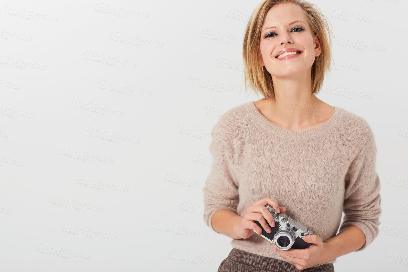 Buy stock photo Portrait, happy woman and camera for photography in studio with mock up on white background. Swedish model, hand and smiling with lens for equipment in creative career, picture or memory in space