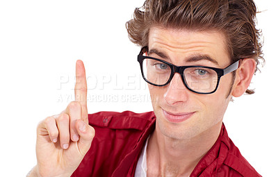 Buy stock photo Isolated, portrait and man pointing a finger up and person in glasses, hand gesture and advice on white studio background. Serious, geek or nerd eyewear and point for one, yes or correct choice